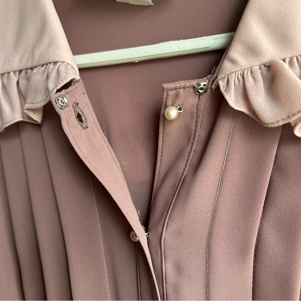 Vintage 70’s Prairie Ruffle Collar Midi Dress Long Sleeve Pearl Button Pleated M - Picture 7 of 10